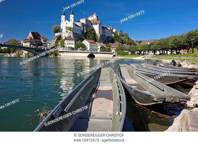 River, Flow, water, castle, canton, Switzerland, Europe, Aargau, Aarburg, Aare, river, flow, castle, boat