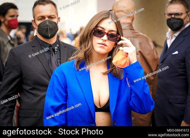 Italian singer Gaia Gozzi guest at the Salvatore Ferragamo fashion show on the fourth day of Milan Fashion Week Women's collection Spring Summer 2022