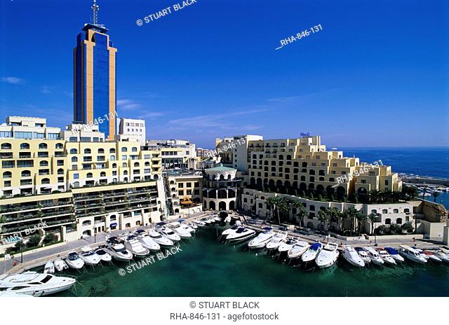 Portomaso Marina with exclusive apartments and Hilton Hotel, Paceville, St. Julian`s, Malta, Mediterranean, Europe