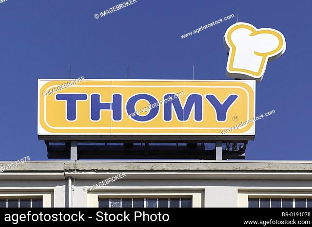 Thomy, logo with chef's hat, at the factory for delicatessen products, Nestlé Deutschland AG, Neuss, North Rhine-Westphalia, Germany, Europe