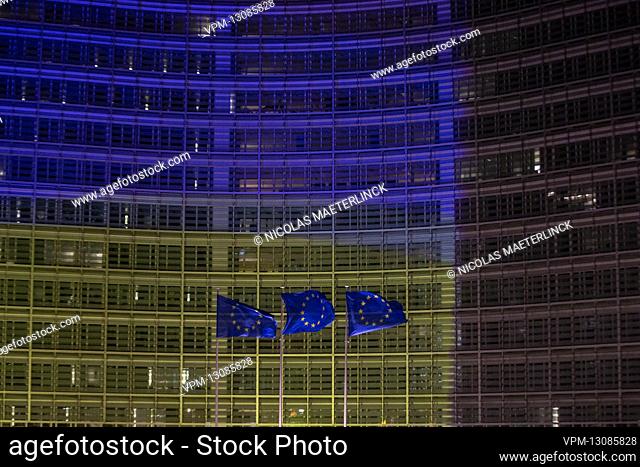 Illustration picture shows European flags fly in front of the Berlaymont building, housing the European Commission headquarters