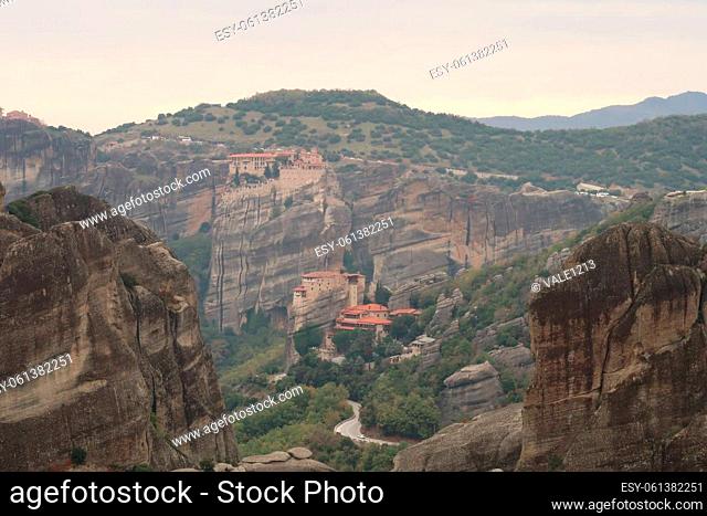 View from the Monastery of the Holy Trinity several other monasteries, Meteora, Greece 2021