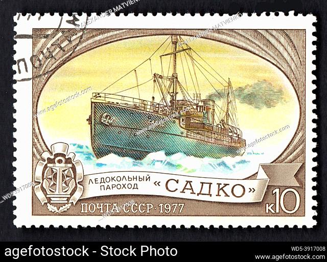 USSR - CIRCA 1977: Icebreaking steamer Sadko imaged on postage stamp. Old Soviet postage stamp dedicated to Soviet ships. Philately hobby