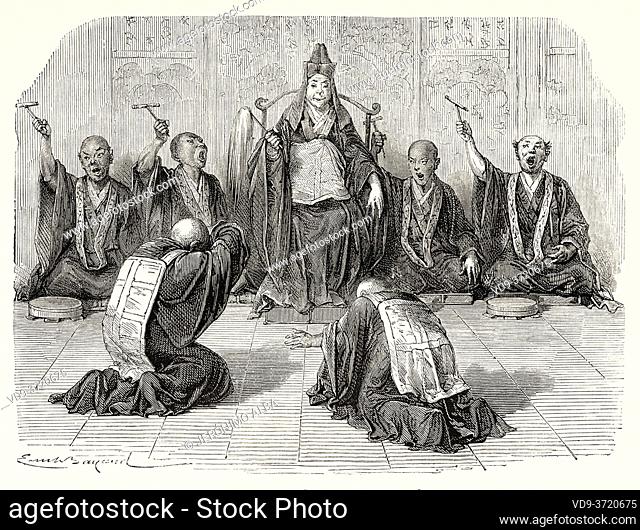 Great Buddhist priest being worshiped, Japan. Old 19th century engraved illustration Travel to Japan by Aime Humbert from El Mundo en La Mano 1879