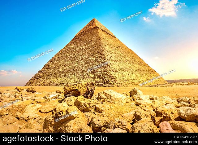 View of Khafre Pyramid in Giza desert at sunset, Egypt