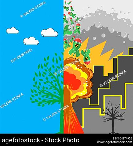 Green Tree and Atomic Bomb with Radiation Sign. Nuclear Rocket. Weapon Icon. Explode Flash, Cartoon Explosion, Nuclear Burst
