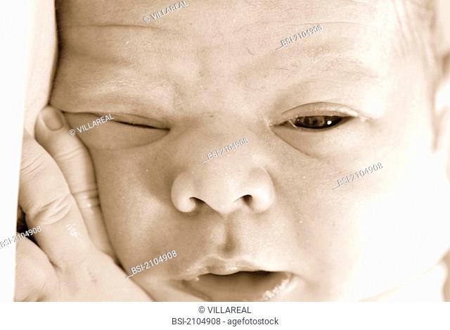 Photo essay from hospital. Maternity of the hospital center René Pleven - Dinan- Côtes-d'Armor 22, France. Newborn baby boy : first glance of the newborn