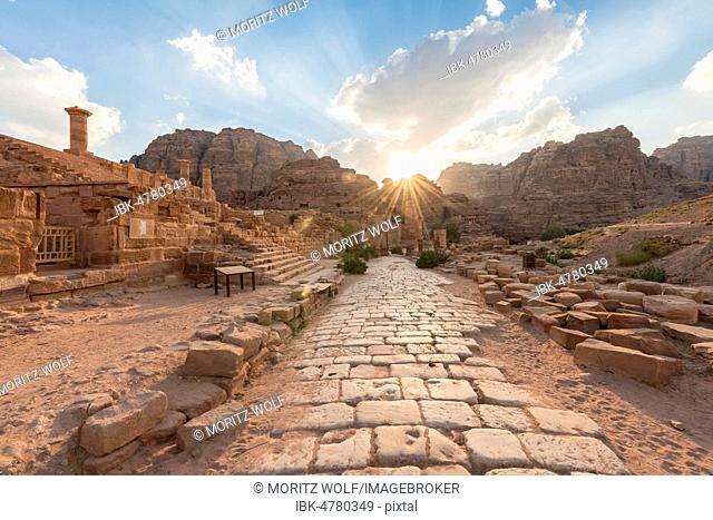 Ancient Roman road next to ruins of Petra, Nabataean city of Petra, near Wadi Musa, Jordan