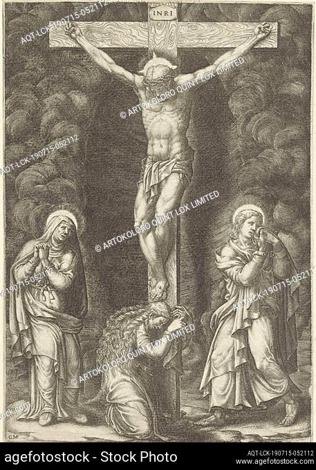 Crucifixion of Christ, Crucifixion of Christ on Calvary. Christ hangs on the cross. Mary, Mary Magdalene and John the Evangelist are mourning under the cross
