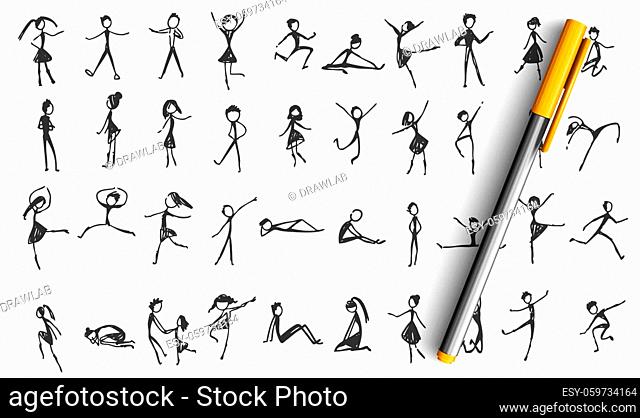 Manikins doodle set. Collection of hand drawn sketches templates patterns of happy and sad drawing comic people males females on white background