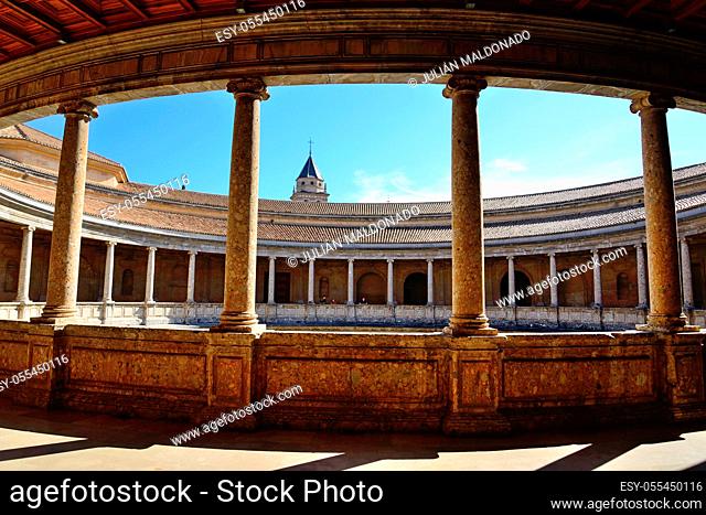 Granada, Spain - February 20, 2020: Interiore Gallery of the Palace of Carlos V in the Alhambra in Granada