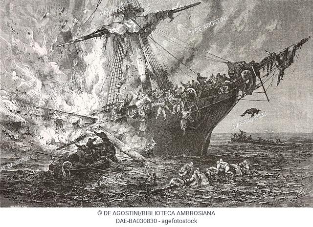 Fire onboard the New Zeeland vessel the Cospatrick off the Cape of Good Hope, November 19, 1874, South Africa, drawing by Theodor Alexander Weber (1838-1907)...