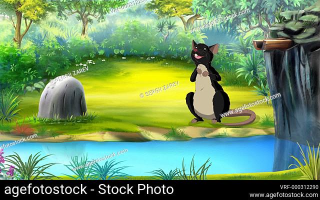 Black rat is sitting near the small creek and waves a paw. Handmade animation, looped motion graphic