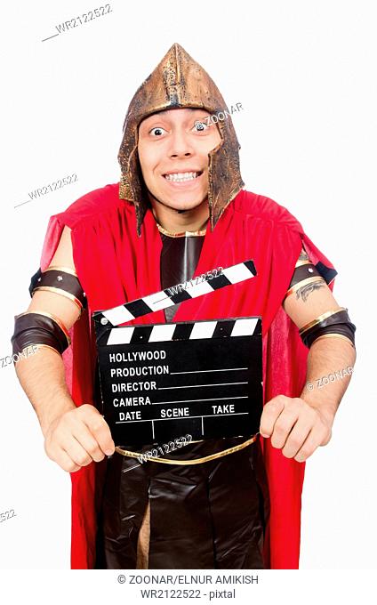 Gladiator with clapboard isolated on white