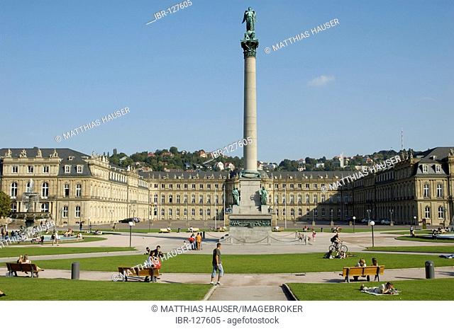 Palace Square (Schlossplatz) with Jubilee Column (Jubiläumssäule) and New Palace (Neues Schloss), Stuttgart, Baden-Wuerttemberg, Germany, Europe