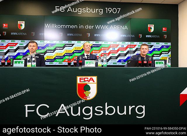 16 October 2023, Bavaria, Augsburg: At the presentation of Augsburg's new coach, sports director Marinko Jurendic (l-r), Augsburg's new head coach Jess Thorup...