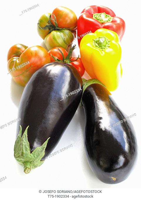 Aubergines, tomatoes and peppers