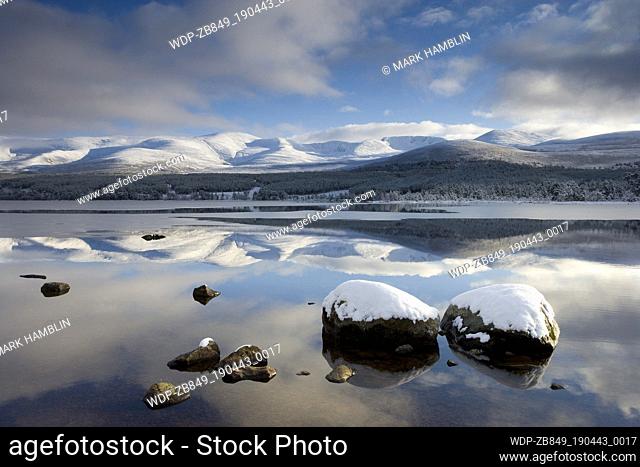 UK - Scotland Highlands Loch Morlich Loch Morlich and Cairngorm Mountains in winter, Cairngorms National Park loch morlich cairngorms national park winter snow...