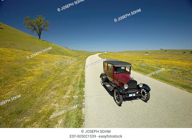 A maroon Model T driving down a scenic road surrounded by spring flowers off of Route 58, Shell Road, CA