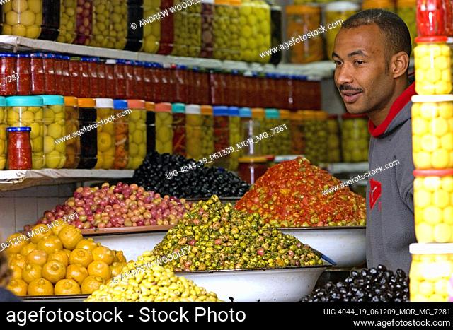 Olive vendor souk Marrakech Medina Morocco