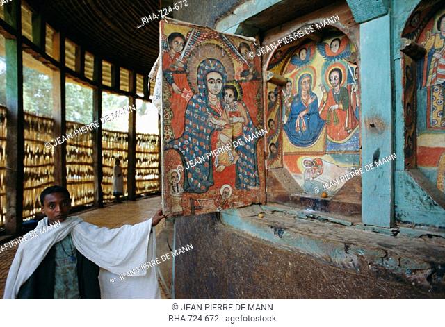 Paintings and interior in the Ura Kedane Meheriet Kidene Mehret Ura Kidanemereth Christian church, Zege peninsula, Lake Tana, Gondar region, Ethiopia, Africa