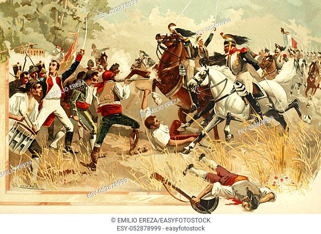 Bailen battle. 1808. War France-Spain. Antique illustration. Book of history. 1897
