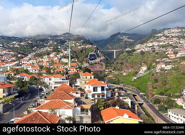 View of the cable car and houses in Funchal on Madeira