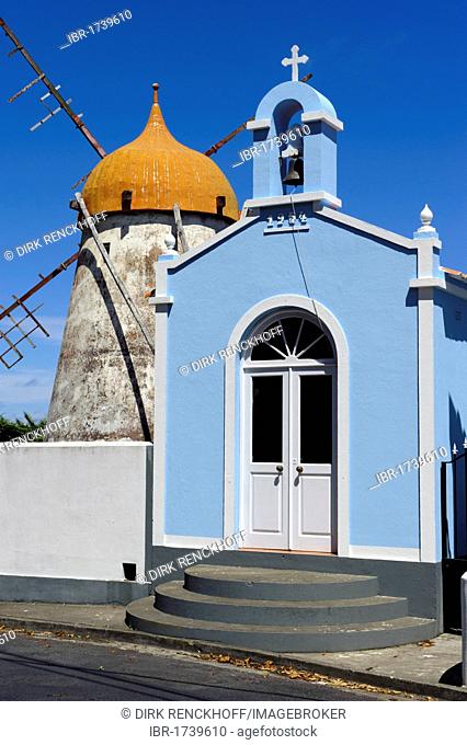Windmill and chapel at Ajuda da Bretanha on the island of Sao Miguel, Azores, Portugal