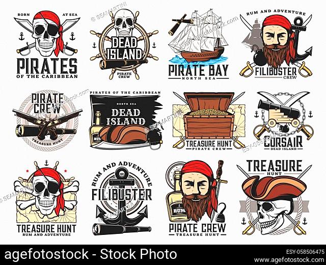 Pirates island, treasure hunt adventure and filibuster crew emblems. Pirate bearded face and skull, chest with gold, buccaneer sabers, pistols and cannon