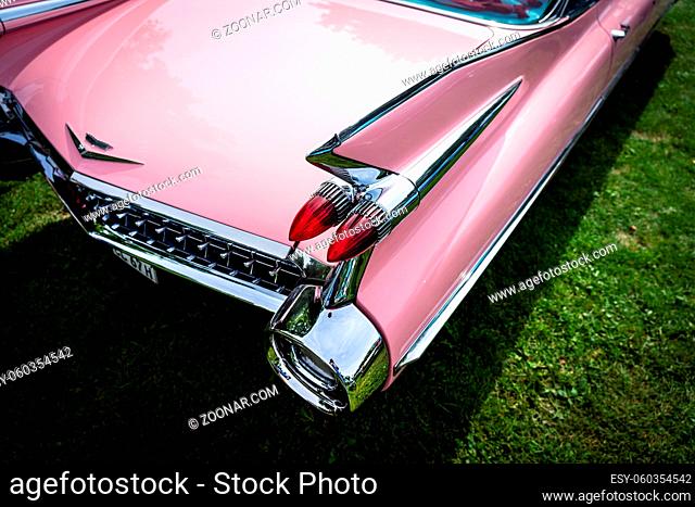 DIEDERSDORF, GERMANY - AUGUST 30, 2020: The fragment of the rear part of the full-size luxury car Cadillac Series 62 (sixth generation), 1959