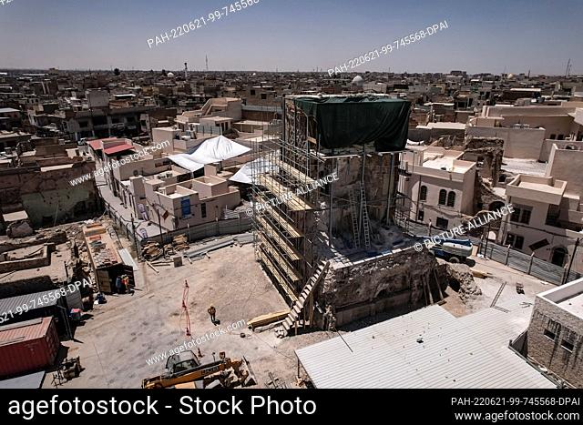 21 June 2022, Iraq, Mosul: An aerial view of the reconstruction works at al-Nuri mosque compound, where the Islamic State caliphate was proclaimed in 2014
