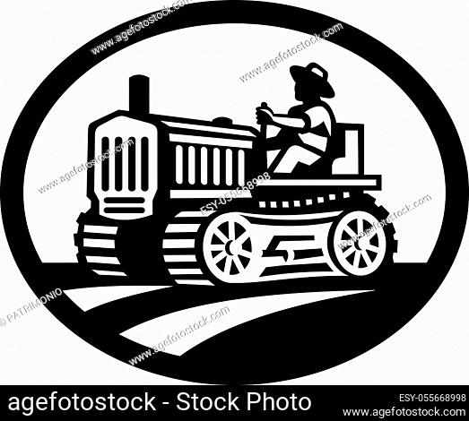 Retro illustration of an organic farmer worker driving a vintage tractor plowing farm or field viewed from side set inside oval shape done in monochrome style...