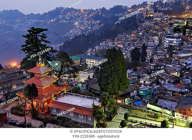 Evening view of the beautiful Nepali-style Dhirdham temple, a Hindu Temple of Lord Shiva located south of the Darjeeling market center and just below the Toy...