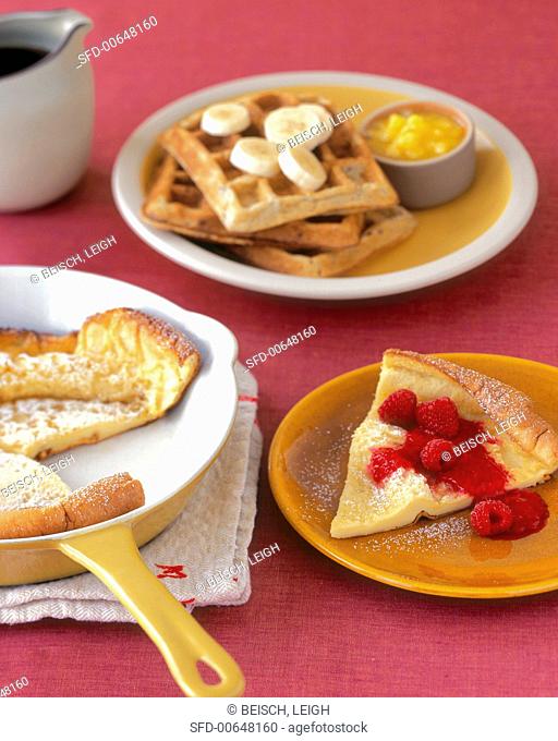 Dutch Baby with Raspberries and Waffles with Bananas