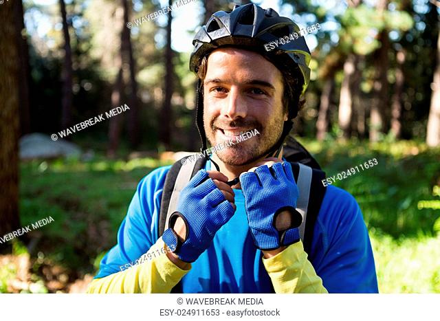 Portrait of male mountain biker wearing bicycle helmet