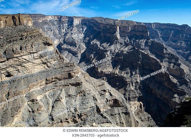 View down into gorge at Jebel Shams, the Grand Canyon on Oman