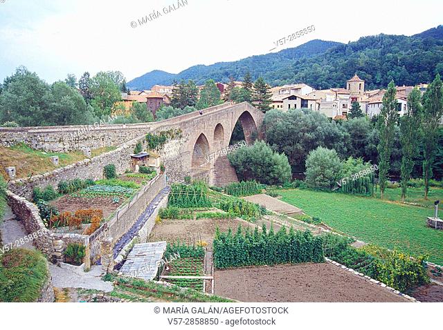 Market garden, medieval bridge and overview of the village. Sant Joan de les Abadesses, Gerona province, Catalonia, Spain