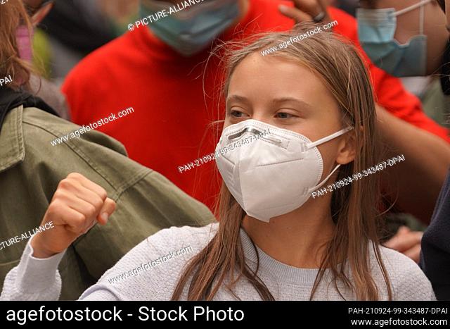 24 September 2021, Berlin: The Swedish climate activist Greta Thunberg takes part in a demonstration of the movement ""Fridays for Future""