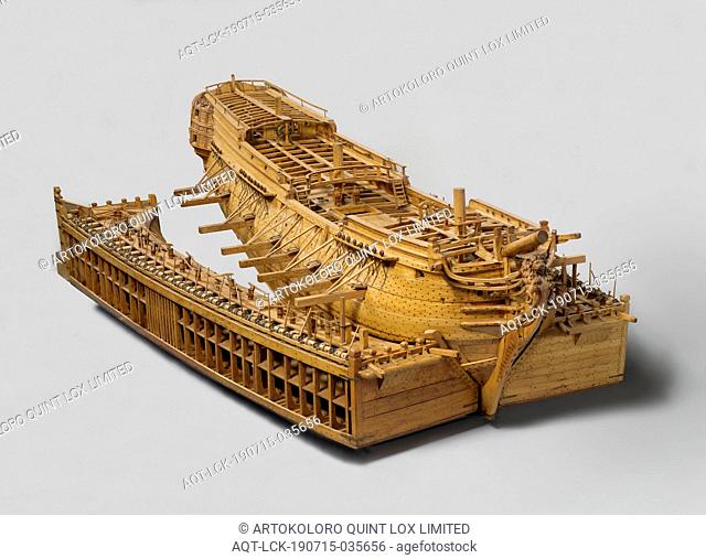 Model of an East Indiaman in Camels, Truss model of the hull of an East India dealer on camels. Behind and forty gun ports spread over three decks