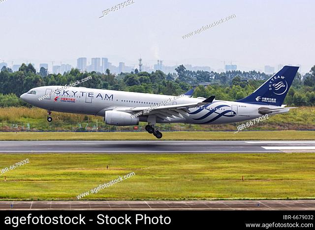 An Airbus A330-200 aircraft of China Eastern Airlines with registration number B-6538 and SkyTeam special livery at Chengdu Airport (CTU) in China