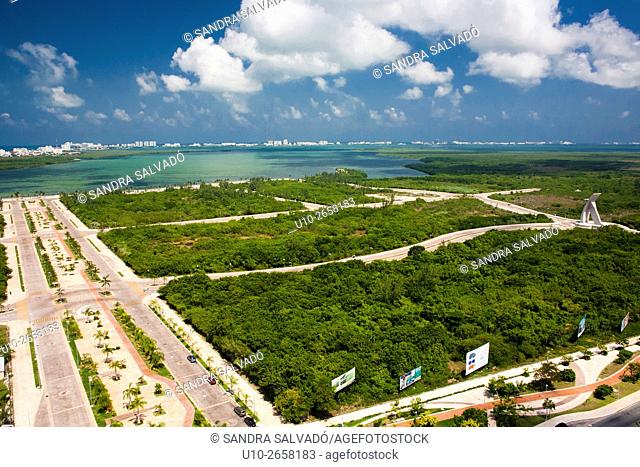 Aerial view of Nichupte Lagoon and Malecon Tajamar, Cancun, Quintana Roo, Mexico