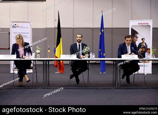 Interior Minister Annelies Verlinden, State Secretary for Asylum and Migration policy Sammy Mahdi and European Commissioner for Asylum Margaritis Schinas...