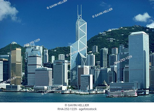 The city skyline from the harbour with the Bank of China in the centre on Hong Kong Island, China, Asia