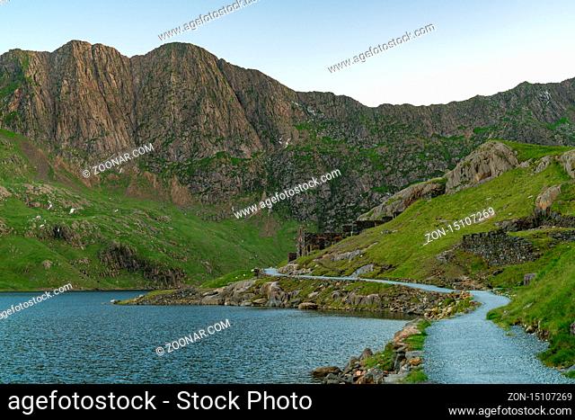 Walking on the Miner's track, Snowdonia, Wales, UK - passing Llyn Lydaw and the Mine Works ruin