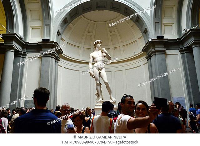 Michelangelo's David stands in the Galleria dell Accademia in Florence, Italy, 08 August 2017. Michelangelo moulded the statue between 1501 and 1504; it is the...