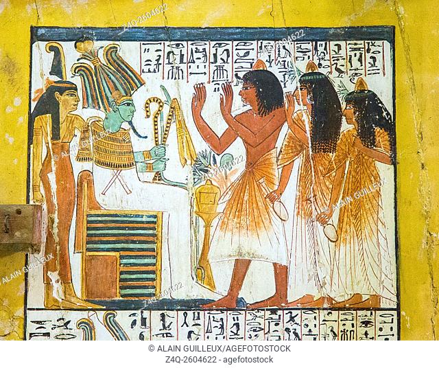 Egypt, Cairo, Egyptian Museum, from the tomb of Sennedjem, Deir el Medina : Door panel (verso), top register, Sennedjem and his family worship the god...