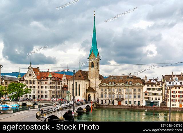 View of Limmat river with Fraumunster church in Zurich, Switzerland