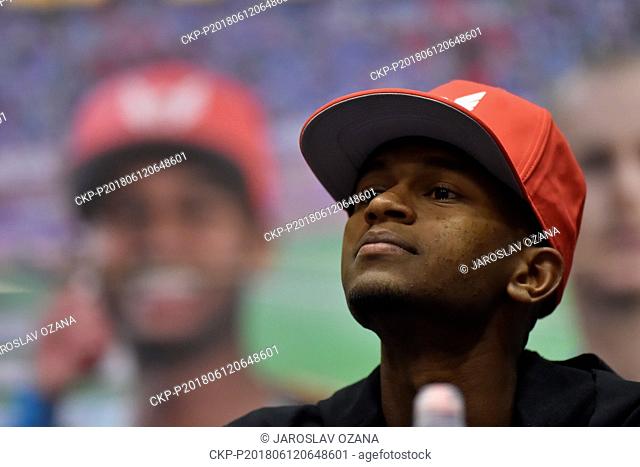 Athlete MUTAZ ISA (ESSA) BARSHIM of Qatar speaks during the press conference prior to the 57th Golden Spike athletic meeting in Ostrava, Czech Republic, June 12