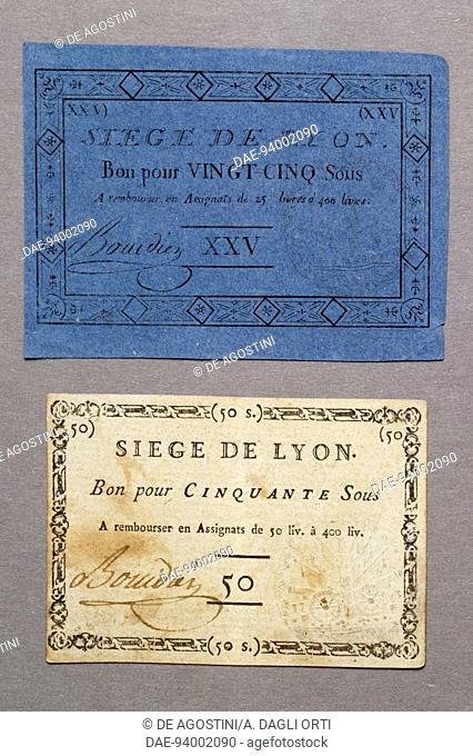 25 and 50 sous vouchers, issued during the siege of Lyon, 1793. France, 18th century