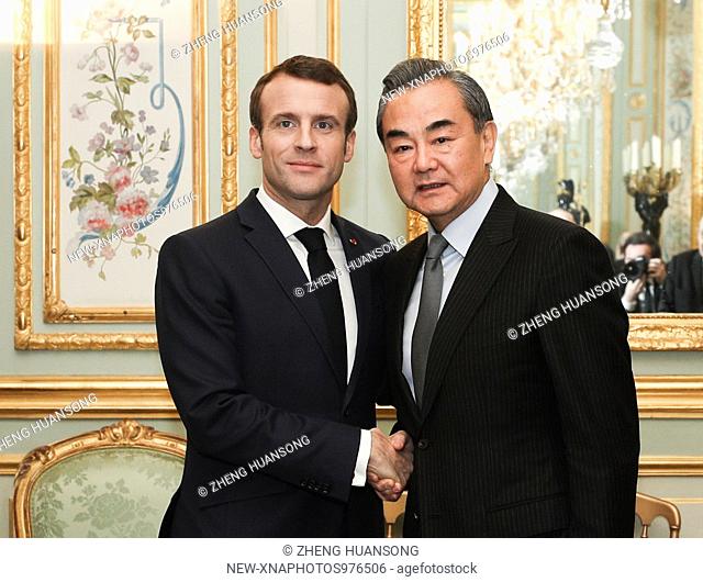 (190124) -- PARIS, Jan. 24, 2019 (Xinhua) -- French President Emmanuel Macron meets with Chinese State Councilor and Foreign Minister Wang Yi at the Elysee...